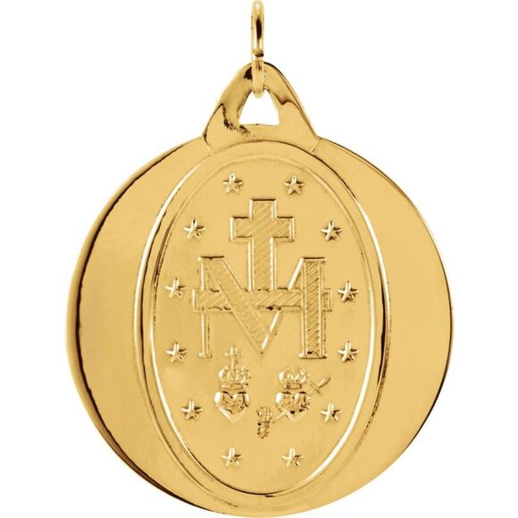 14k Yellow Gold Round Miraculous Medal Pendant, 25mm (1 Inch)